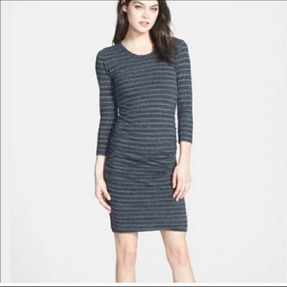 James Perse 3/4 Sleeve Ruched Cotton Dress